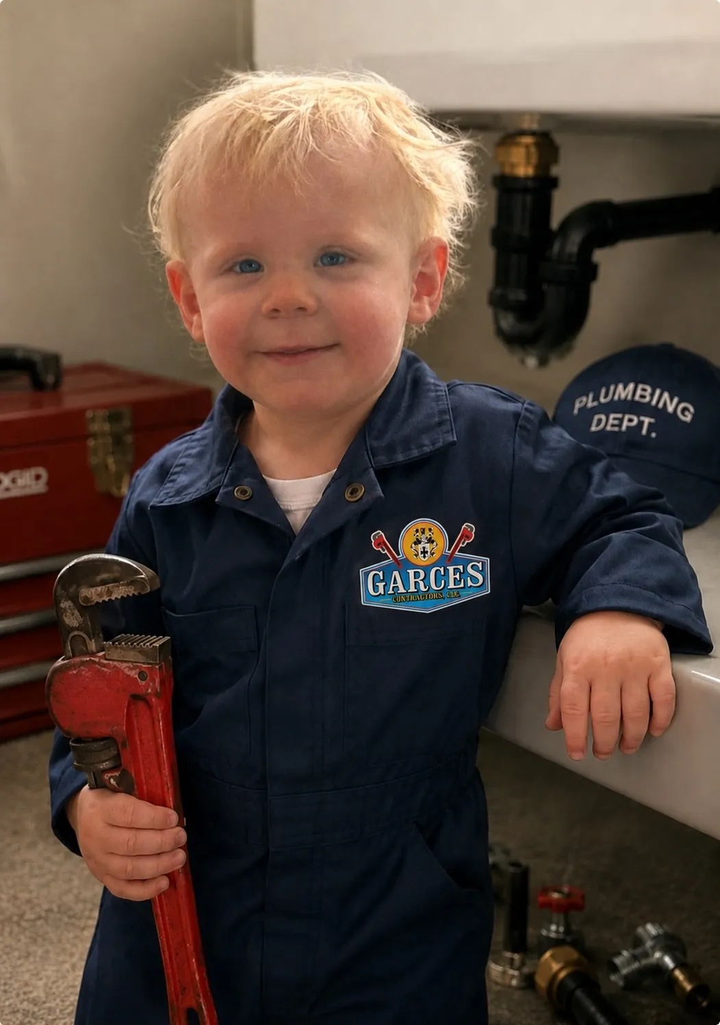 A young child wearing Garces Contractors coveralls and holding a pipe wrench